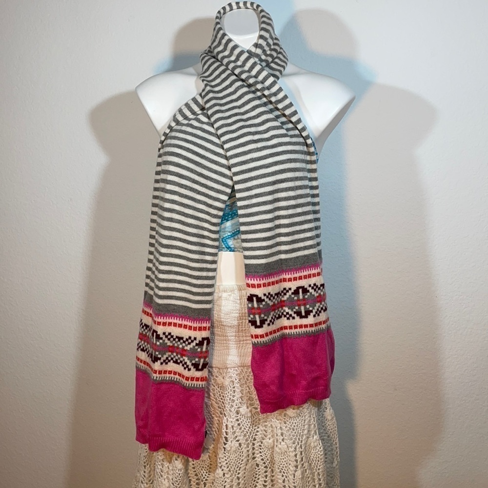 Talbots Fair Isle Scarf Pink Gray Striped Lambswool Blend Winter